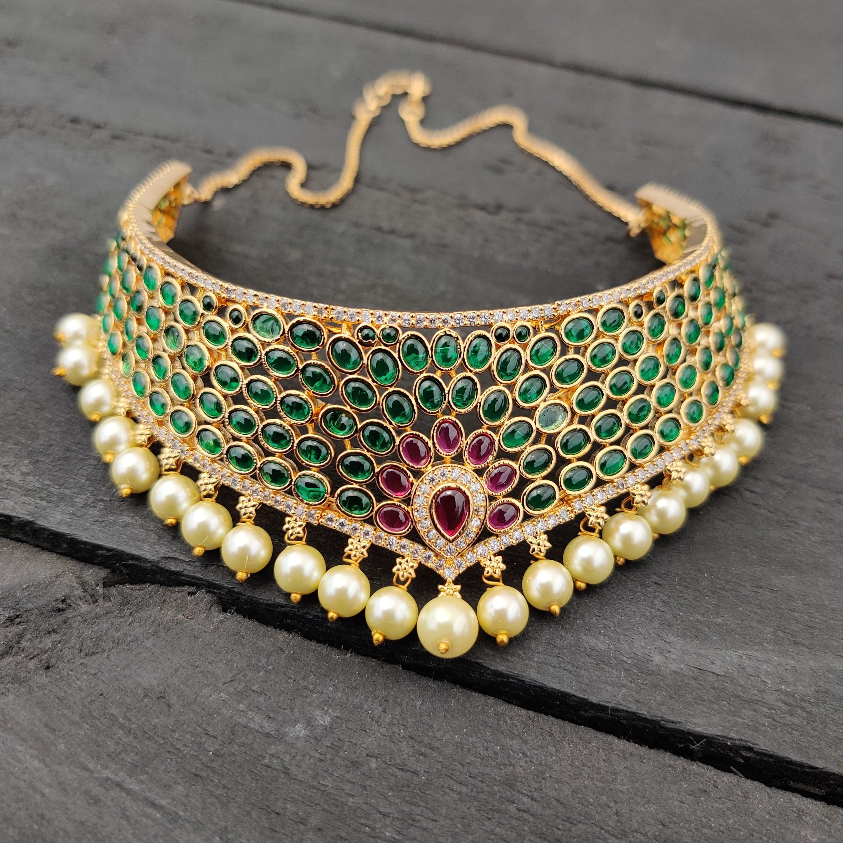 Partywear Kundan Bridal Choker Necklace By Zevar.-Pink.